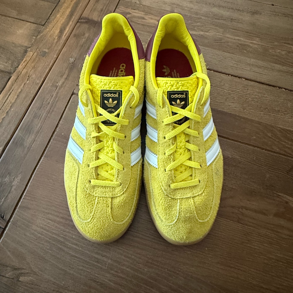 Adidas Vibrant Yellow Sneakers with White and maroon accents